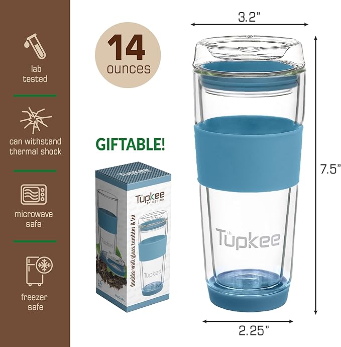 Tupkee Double Wall Glass Tumbler - 14-Ounce, All Glass Reusable Insulated Tea/Coffee Mug & Lid, Hand Blown Travel Mug - Niagara