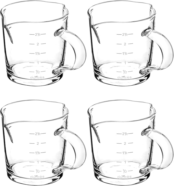 QWORK Espresso Shot Glass with Handle, 4 Pack 3-Ounce Double Spout Glass Measuring Cup Triple Pitcher Milk Cup with Two Scales (OZ&ML)