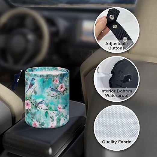 Green Hummingbird Car Trash Bin Garbage Can Leak Proof Waste Basket Container Bag Bin Portable Cup Holder Organizer with Strap Universal Storage Bag Box for Auto, Car, Camping, Travelling