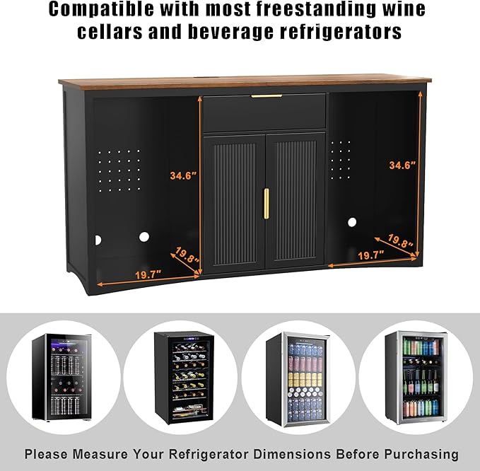 GDLF Long Coffee Bar Cabinet with Fridge Space, Modern Wine Liquor Cabinet with Storage & Power Outlet, Buffet Sideboard with Fluted Doors for Home, 70.1 Inch, Black