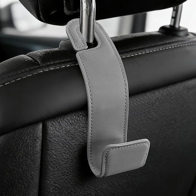 1PCS Purse Holder for Car, Purse Hook for Car, Leather Headrest Hooks for Automotive Back Seat, Auto Accessories Back Seat Organizer Hook for Grocery Bag Handbag Coat (Grey, 1PCS)