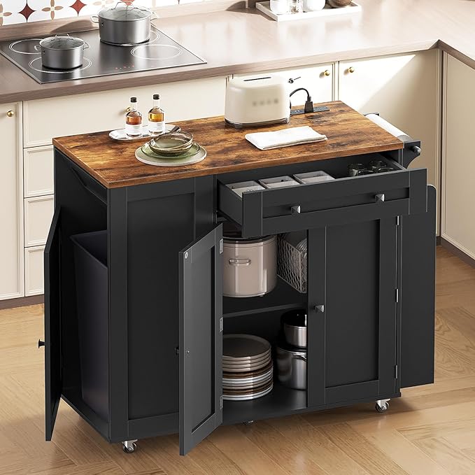 Kitchen Island with Storage, Mobile Rolling Cart with Trash Can Storage, Kitchen Island on Wheels, Rolling Island Table with Charging Station, Spice Rack, for Kitchen, Rustic Brown ZD02UBR