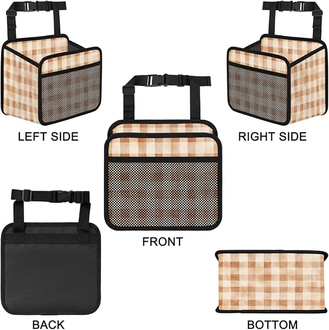 Retro Brown Checkered Car Backseat Organizer PU Leather Truck Back Seat Trash Bag Universal Hanging Storage Box Travel Accessories Foldable