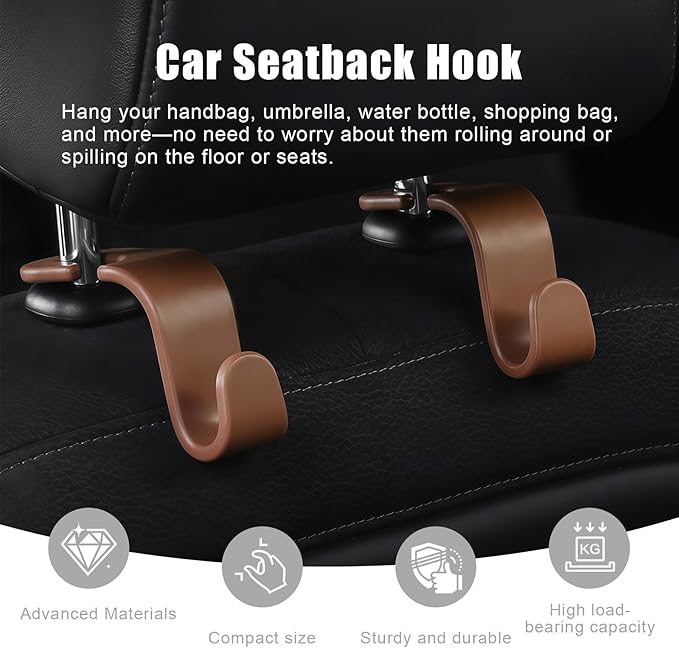 4 PCS Car Headrest Hooks - 360 Rotatable Auto Back Seat Storage Organizer, Universal Vehicle Car Organization Hangers for Purses, Bags, Cloths & Water Bottles Hook Seat Accessories, Brown