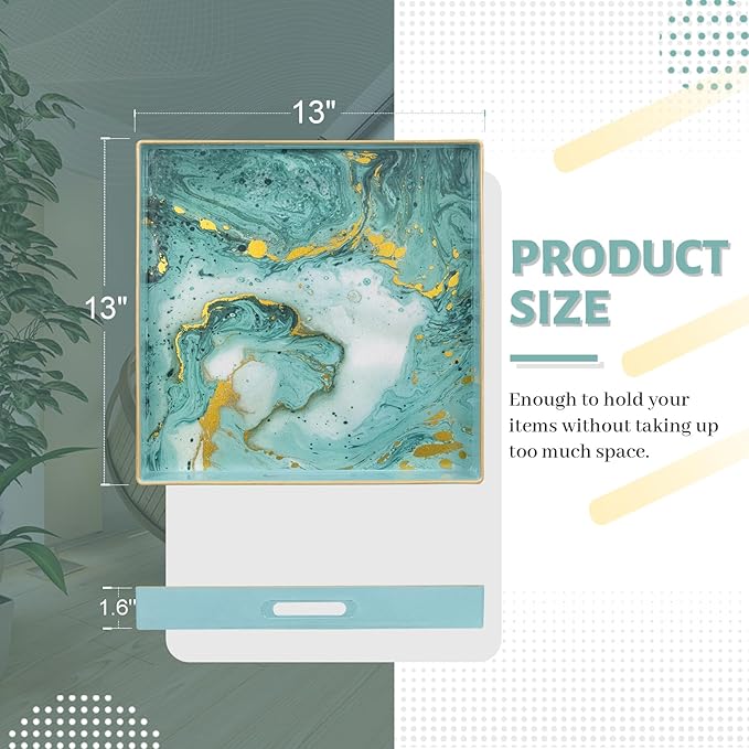 MAONAME Turquoise Square Decorative Tray for Coffee Table, Marbling Serving Tray with Handles, Modern 13" Plastic Trays for Ottoman, Bathroom, Storage