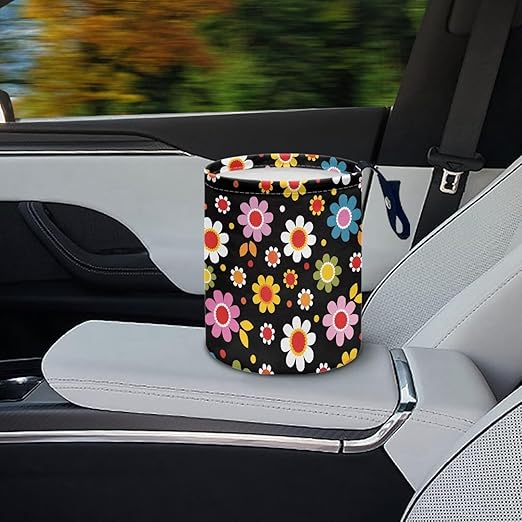 Colorful Hippie Flowers Car Trash Can Collapsible Car Waste Basket Container Waterproof Auto Storage Box Travel Accessories