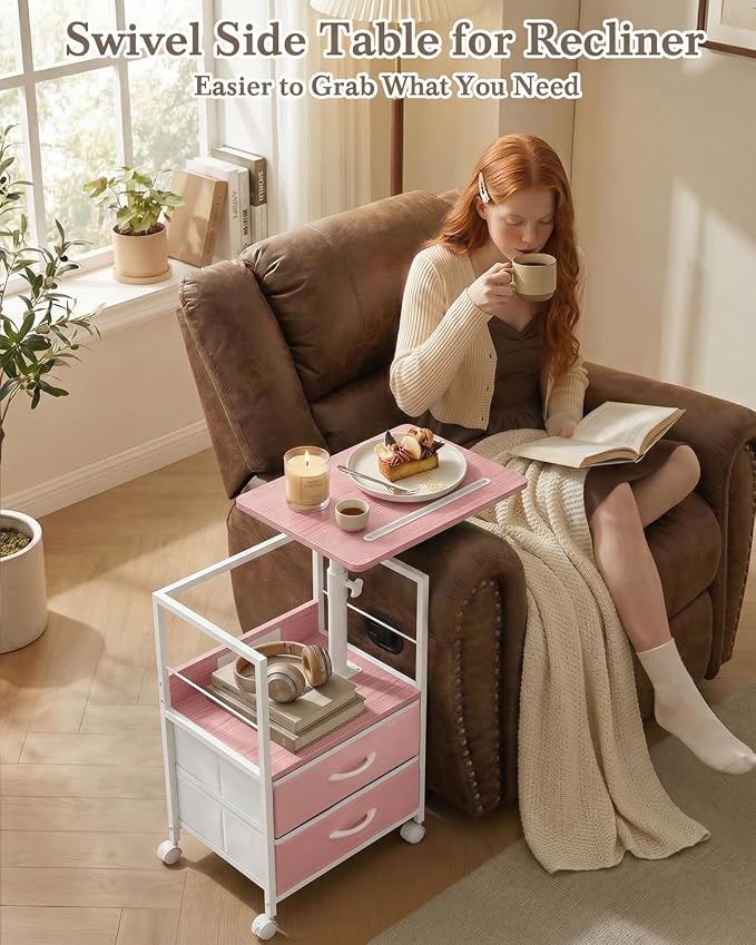 Faesun Swivel Lift Top Nightstand with Charging Station, Rolling Side Table for Recliner, Bedside Table with Wheels & 2 Fabric Drawers, for Small Spaces, for Bedroom, Living Room, Pink