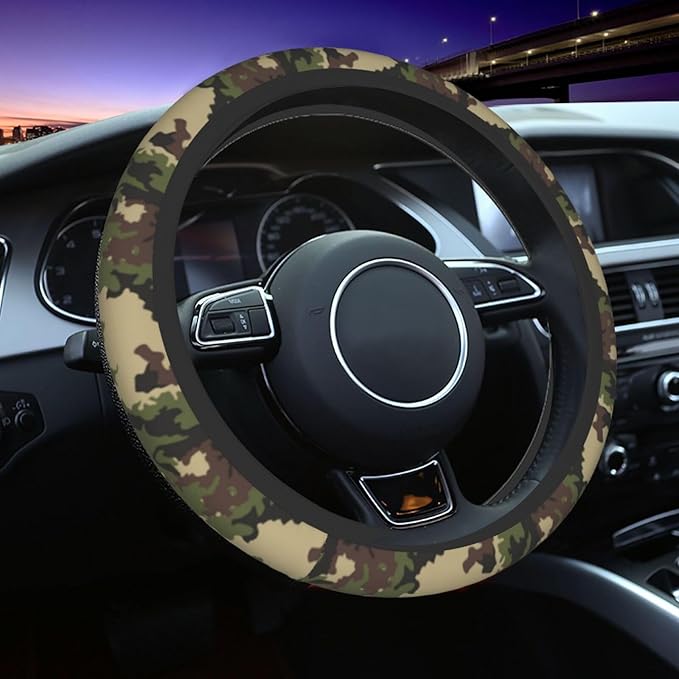 Green Camo Camouflage Steering Wheel Cover for Women Men with 2 Pcs Car Coasters, Universal 14.5-15 Inch Rainbow Steering Wheel Covers Non-Slip Car Accessories for Girls