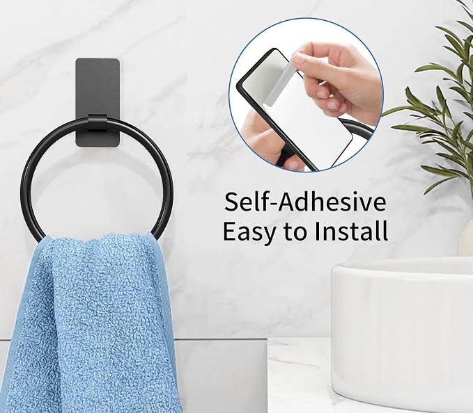 STWWO Adhesive Towel Holder, Hand Towel Holder for Bathroom, Self Adhesive Hand Towel Rings, Black, 2 Pack