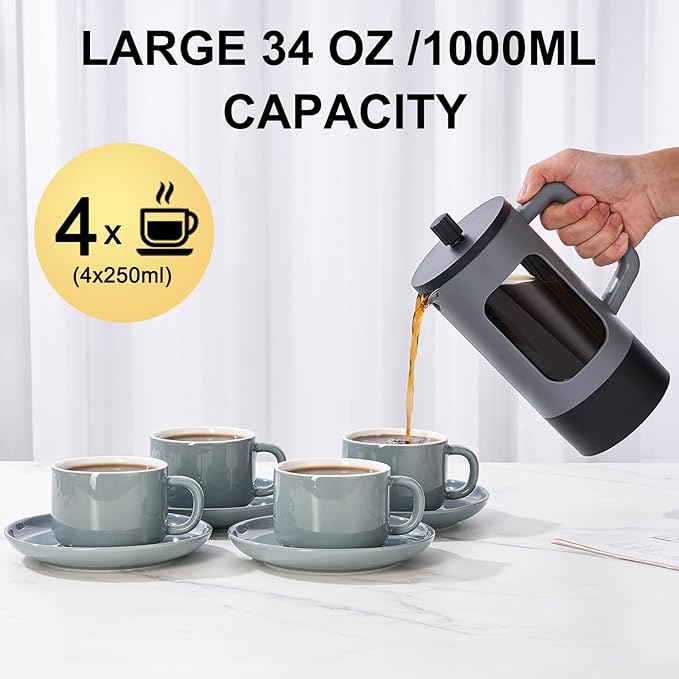 YOLIFE French Press Coffee Maker, 34 oz / 4 Cup Coffee Tea Press with Heat-resistant Borosilicate Glass, 4-Level Filtration Systems, Cold Brew Coffee Maker for Camping Travel Gifts, Grey and Black