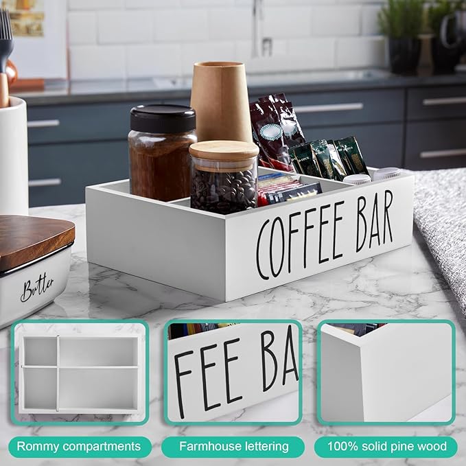 ALELION White Coffee Station Organizer with Removable Dividers – Wooden Coffee Bar Countertop Organizer for Pods, Stirrers, Sugar Packets & Lids, Kitchen, Office, Café Use