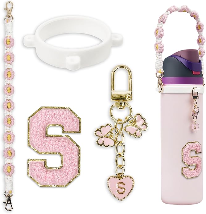 Compatible with Owala Water Bottle Accessories, Cute Letter Charm Set with Boho Handle Strap, Monogram Sticker, Silicone Ring, Keychain Decoration, for FreeSip 24 32 40oz, Owala Kids, Tumbler Gift