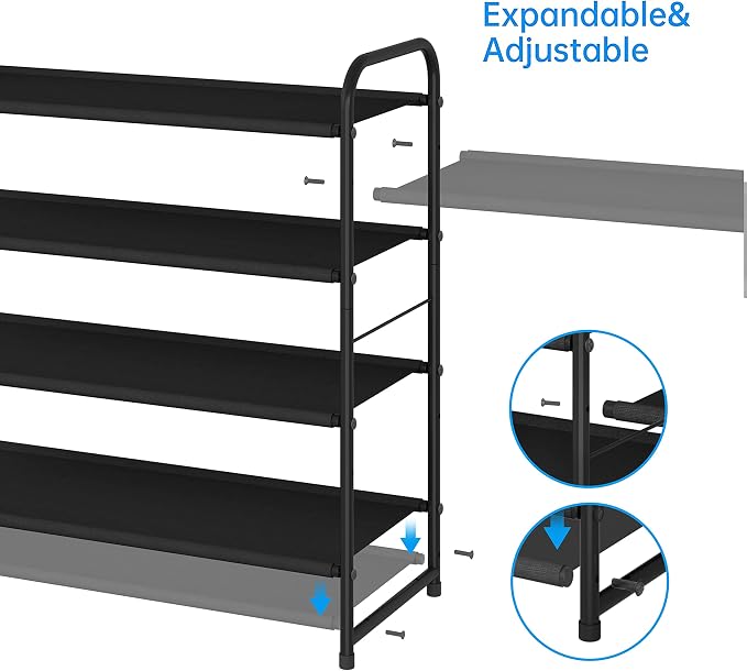 Simple Trending 4-Tier Stackable Shoe Rack, Expandable & Adjustable Fabric Shoe Shelf Storage Organizer, Black