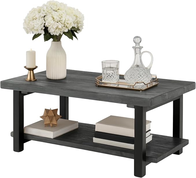 Pomona 42-Inch Rectangular Solid Wood Coffee Table with Storage Shelf & Metal Legs – Modern Rustic Industrial Living Room Table by Alaterre Furniture (Slate Grey)
