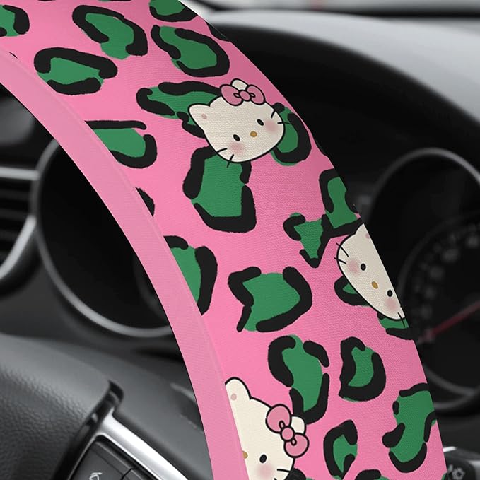 Cute Steering Wheel Cover for Women, Machine Washable Universal 14.5-15.5 inch Non-Slip Grip All Weather Use (Pink Green Leopard Cats)