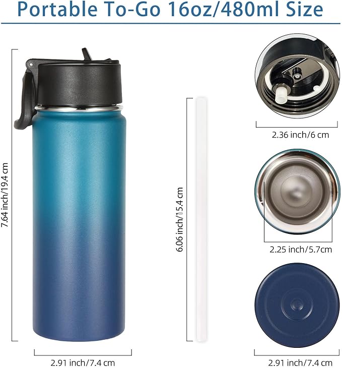 Volhoply 16 OZ Kids Water Bottle Bulk 4 Pack,Insulated Sports Bottles with Straw Lid,Stainless Steel Bottle with Handle Keep Cold & Hot,Double Wall Vacuum Tumbler Cups for School(Dark Night, 4)