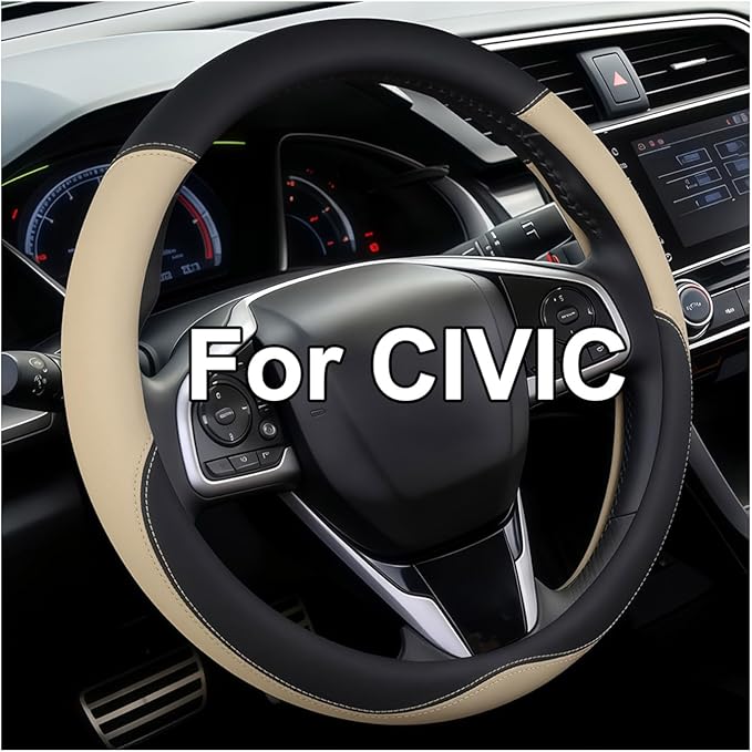 Leather Steering Wheel Cover for Honda Civic, 14.5-15 Inch Breathable Car Steering Wheel Protector, Premium Automotive Interior Accessories Compatible with Honda All Model (Beige)