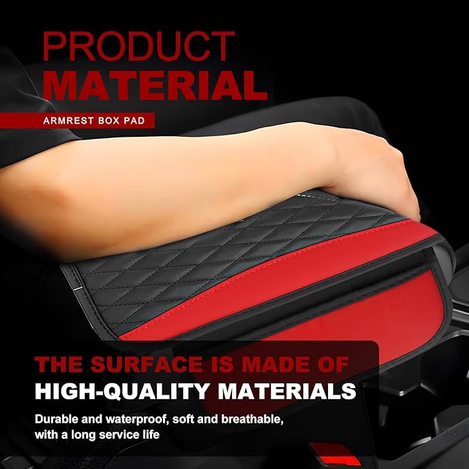 Leather Car Center Console Cover with Side Storage Pockets, Universal Leather Waterproof Armrest Pad Protector & Organizer for Cars, Vehicles, SUVs Interior Decor Stylish Car Decoration (Red)