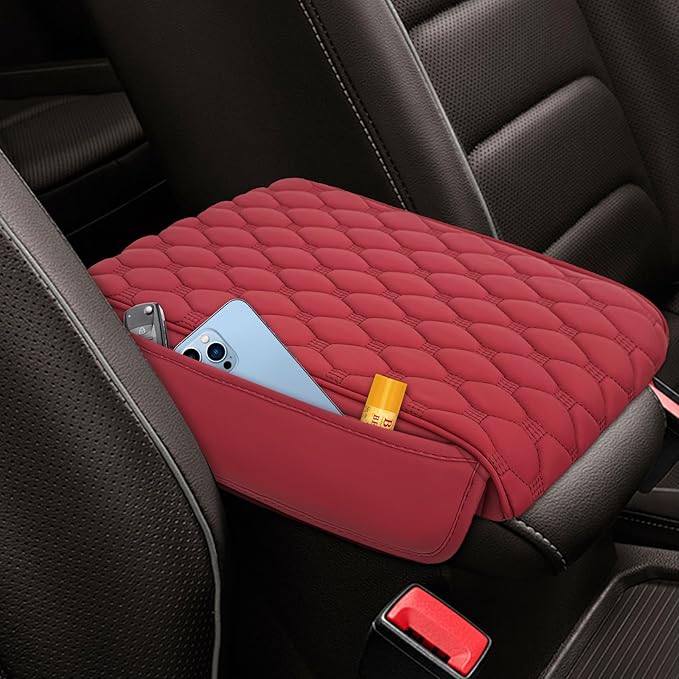 Upgraded Car Center Console Cover, Armrest Cover for Car, Waterproof Leather Auto Armrest Cover Protector with 2 Pocket, Comfortable Arm Rest Box Cushion Pad for Vehicles, Trucks (Wine Red)