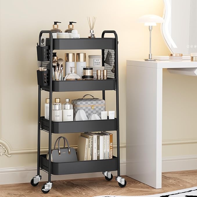 TOOLF 4 Tier Rolling Cart with Pegboard, Metal Storage Organizer Cart with Wheels, Hooks & Bins Esthetician Craft Art Sturdy Storage for Bathroom, Kitchen, Office, Nursery Diaper