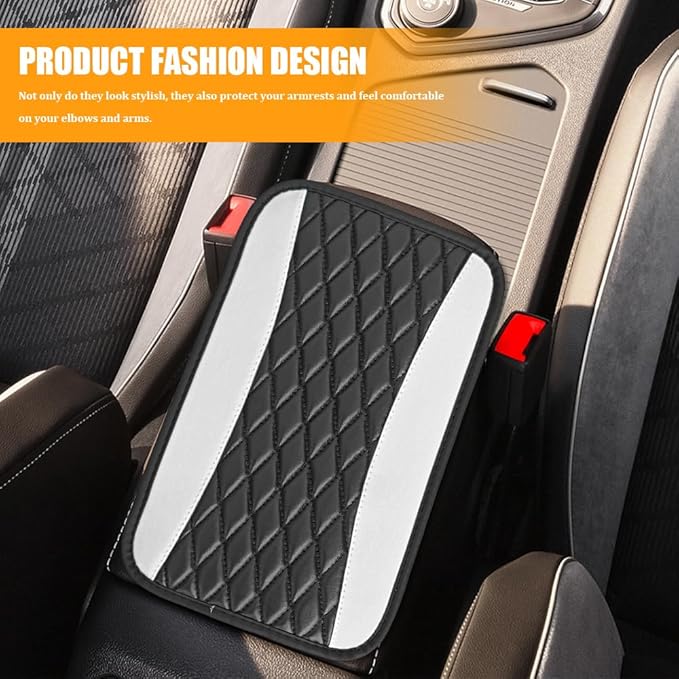 Car Center Console Cover, Leather Waterproof Armrest Seat Box Cushion Pad, Universal Decor Protector Mat, Comfortable Car Decor Accessories Fit for Most Cars, Vehicles, SUVs (White)