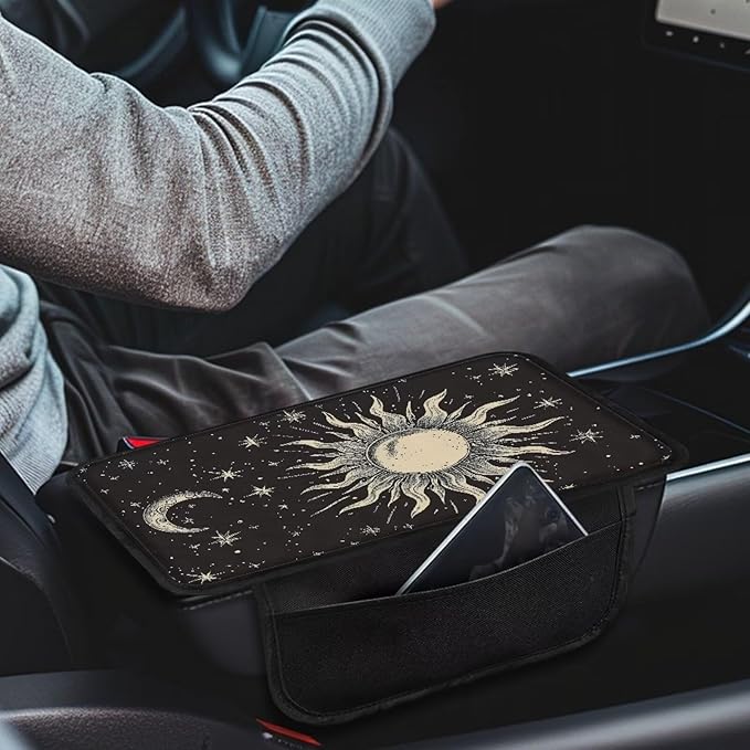 Boatee Sun and Moon Car Center Console Cover Car Console Organizer Universal Console Cushion with 2 Pockets Arm Rest Cover for Car Armrest Seat Box Cover Protector Interior Protector Black