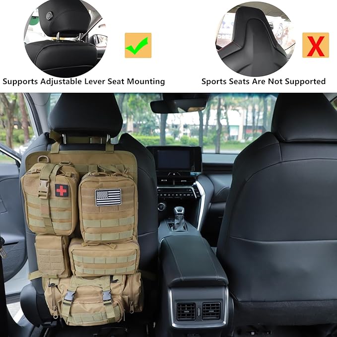 Tactical Car Seat Back Organizer Hanger Bag with 5 Detachable Molle Pouch Vehicle Molle Panel Organizer Storage Bag Universal for for most car models (Khaki)