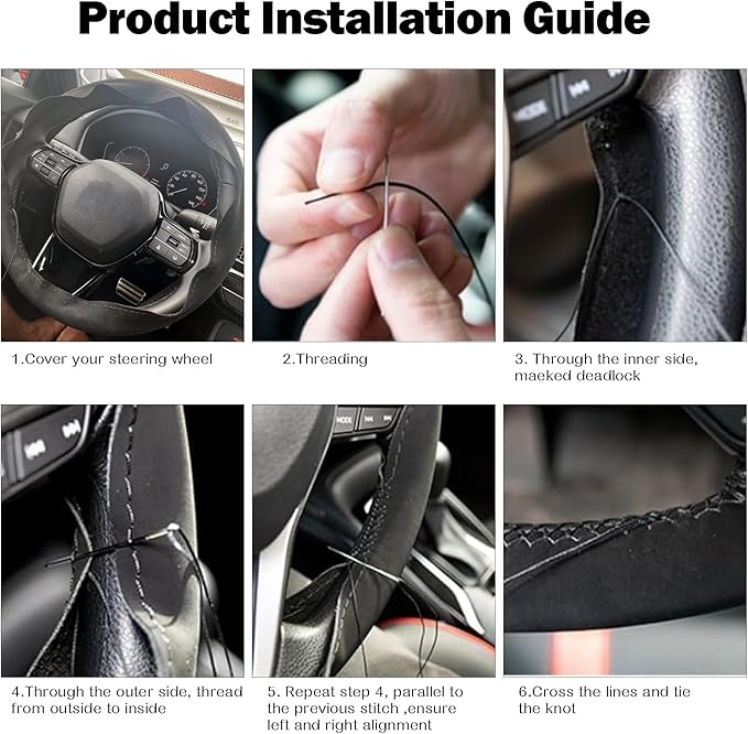 40.16-Inch Suede Leather Stitch Steering Wheel Wrap, Suitable for Car Steering Wheels with A Diameter of 15 Inches, Including Sewing Needles, Hand-Stitched