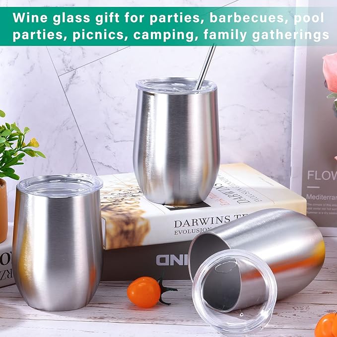 16 Pack Stainless Steel Wine Tumblers 12 oz Insulated Vacuum Wine Cup Set Double Wall Stainless Steel Stemless Mug Glasses for Coffee Soda Whiskey Outdoor Travel (Silver)