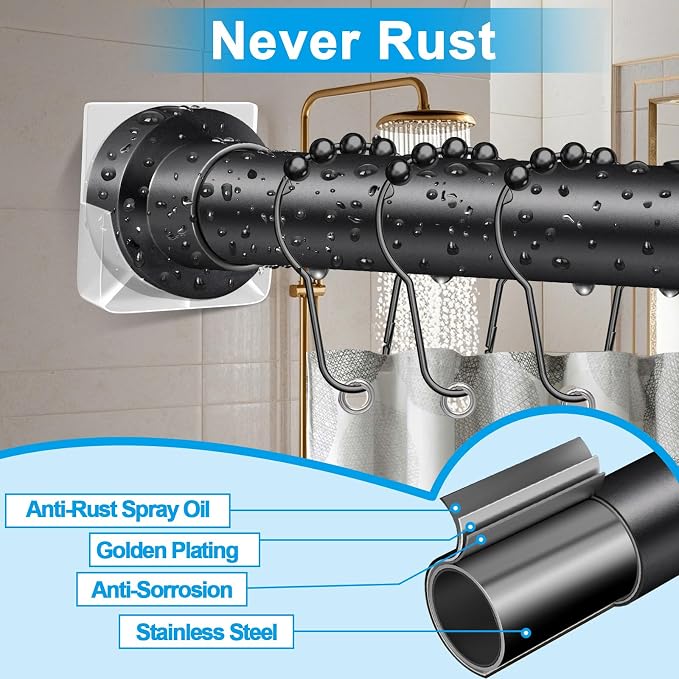 Tension Curtain Rod 34-120In(3-10Ft) with 2 Rod Holders, No Drilling Never Rust Long Shower Curtain Rod, Adjustable Spring Curtain Rod for Large Window or Outdoor Patio, Stainless steel, Matte Black