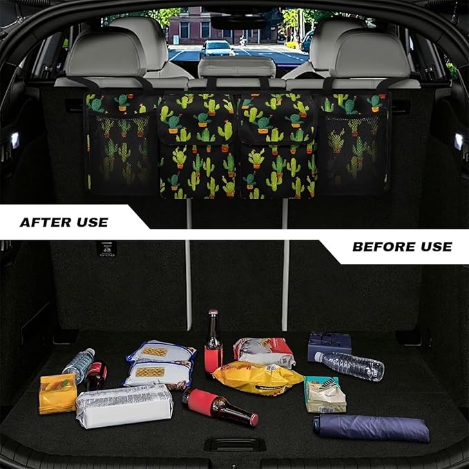 Green Cactus Car Trunk Organizer for SUV Back Seat Hanging Organizer with Elastic Net Collapsible Cargo Storage Bag Car Interior Accessories