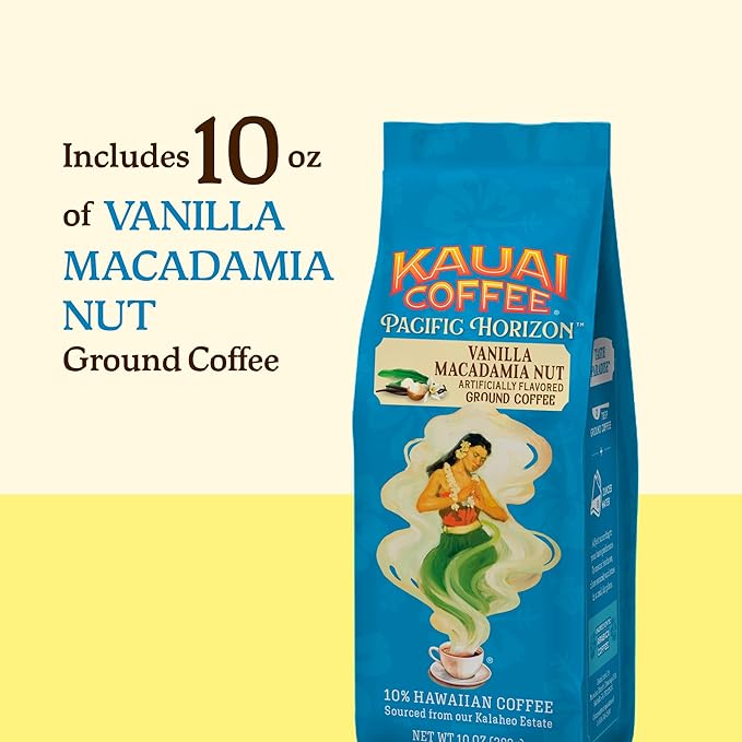 Kauai Coffee Ground Coffee – Smooth, Rich, Medium Roast – Slightly Sweet Nutty Flavor – Arabica Coffee, 10% Hawaiian with No Bitterness – Vanilla Macadamia Nut, 1 Pack of 10oz