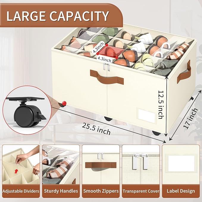 Foyego Shoe Organizer for Closet, Shoe Storage Organizer with Wheels and Adjustable Dividers, Stackable Shoe Storage Box with Clear Cover, Foldable Closet Shoe Organizer Fits up to 24-48 Pairs, Beige