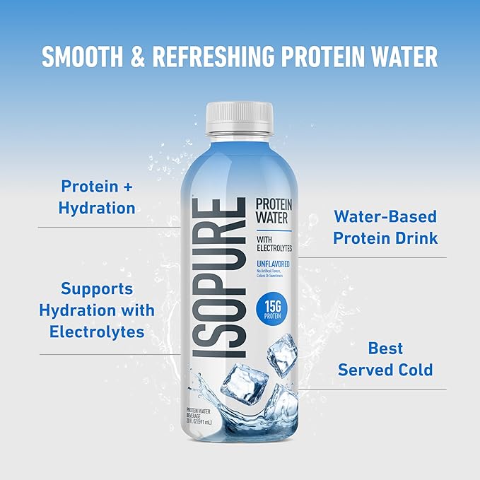 Isopure Clear Protein Water with Electrolytes, 15g Whey Protein Isolate, Zero Sugar, Unflavored, 20 fl oz Bottles, 12-Pack