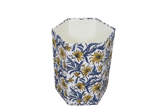 3.3 Gallon Cotton Hand Block Printed Paper Waste Basket |Small Decorative Trash Can for Housewarming Gifts in Living Room, Bedroom, Bathroom | Eco-Friendly, Plastic-Free (1, Blue Yellow FLOWAR)