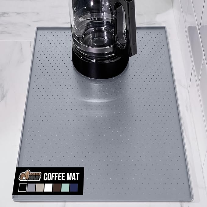 GORILLA GRIP Silicone Coffee Mat, Espresso Machine Bar Accessories, Keep Kitchen Counters Clean, Stays in Place, Waterproof and Heat Resistant Dish Drying Mats, Home Decor Essentials, 11.5x18.8, Gray