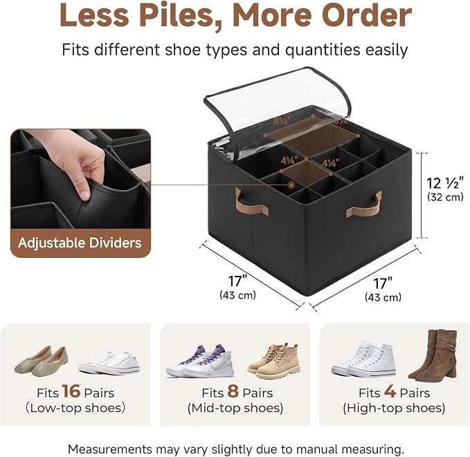 StorageWorks Shoe Organizer for Closet, Foldable Shoe Storage Box with Adjustable Dividers, Closet Shoe Organizer for Sneakers, Heels, Flats, Shoe Storage Bin Holds Up to 16-32 Pairs, Black