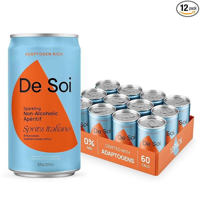 De Soi Spritz Italiano 12-Pack – Sparkling Non-Alcoholic Drink, Mocktail & Alcohol Alternative with Adaptogens, L-Theanine, Lion’s Mane & Reishi Mushroom