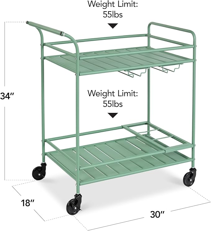 Best Choice Products Rolling Bar Cart, Mobile Home Bar Serving Cart, Serving Station w/ 2 Tier Shelves, Wine Rack, Lockable Wheels - Sage
