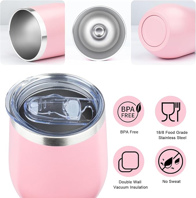 MEZMUT 12 Oz Insulated Wine Tumbler with Lid Double Wall Vacuum Stainless Steel Wine Glass Coffee Mug Insulated Tumbler Cup for Champaign, Cocktail, Beer (Pink, 4 Pack)