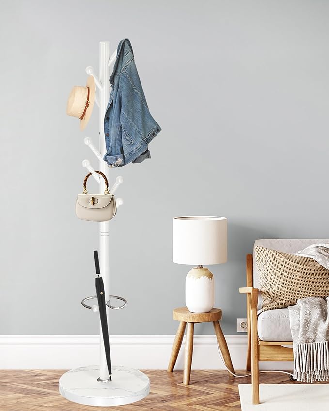 ZOZOE Metal Coat Rack Stand, Modern Coat Rack Freestanding with Natural Marble Base, Sturdy Industrial Coat Racks with 8 Hooks & Umbrella Holder,White Coat Tree Hanger Stand for Entryway,Office
