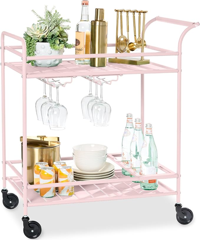 Best Choice Products Rolling Bar Cart, Mobile Home Bar Serving Cart, Serving Station w/ 2 Tier Shelves, Wine Rack, Lockable Wheels - Pink