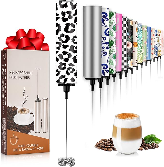 Milk Frother Handheld Rechargeable - 2-Speed Electric Whisk with 5 Detachable Heads (Frother/Mixer/Whisk) for Coffee, Latte, Cappuccino & Matcha, Drink Mixer (Flower 17)