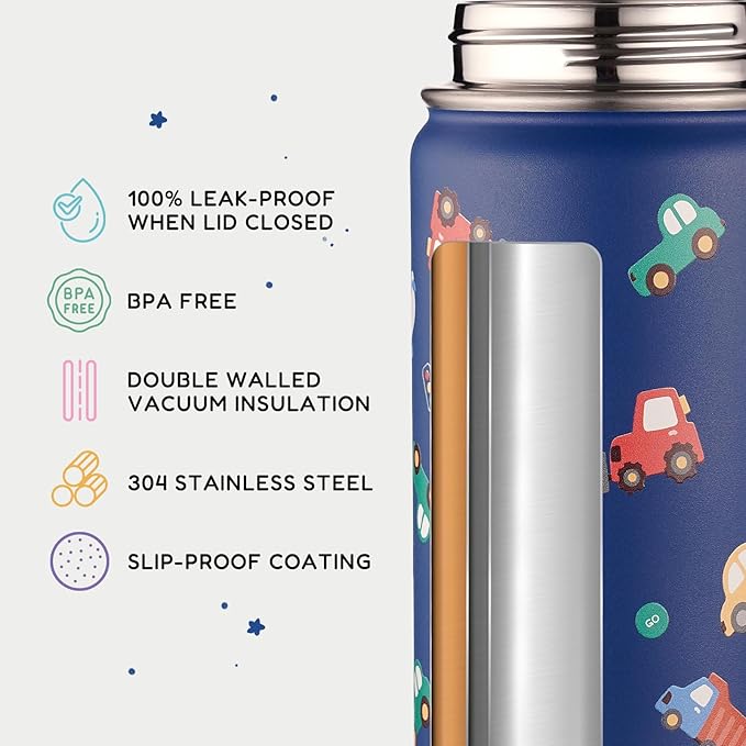 12oz Water Bottle for School, Bottles with Straws, Stainless Steel Vacuum Insulated Water Bottle, Leak-Proof, BPA-Free, Blue Transportation