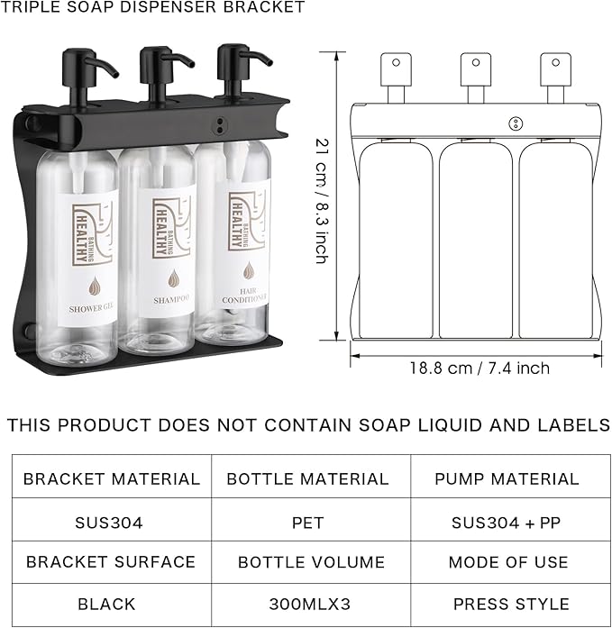 Black Shampoo, Conditioner, Shower Gel Dispenser 3 Room refillable Shampoo and Conditioner Pump Bottle Wall-Mounted Slot Shower soap Dispenser (KCHS-3)