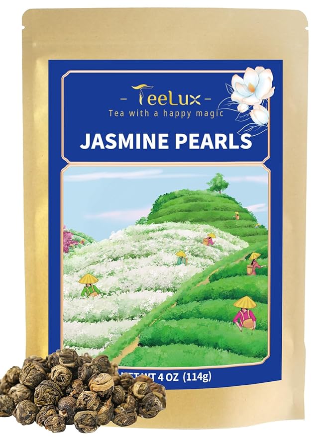 TeeLux Jasmine Pearls Green Tea, Handrolled Green Tea Loose Leaf with Delightful Aroma, Natural Jasmine Pearl Tea, 4 Ounce