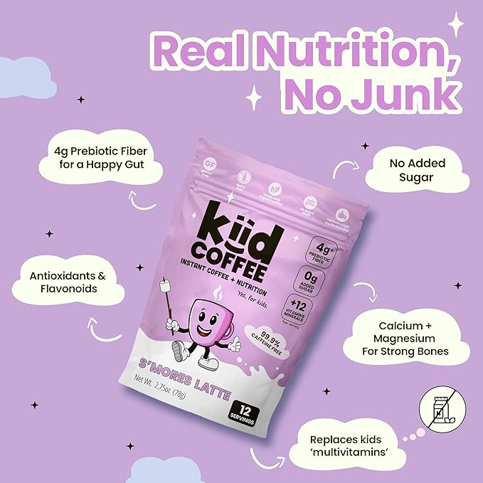 Kiid Coffee - 99.9% Caffeine-Free Organic Coffee for Kids - As Seen on Shark Tank - 12 Vitamins & Minerals, 4g Prebiotics, 0g Sugar - Non-GMO & Gluten-Free - Healthy Snack - Smores Latte - 12 Servings