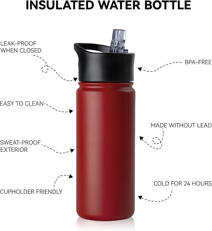 16 oz Insulated Water Bottle Bulk 8 Pack, Straw & Spout Lid, Keep Cold 24H, Spill Proof, BPA-Free, Double Wall, Stainless Steel Kids Water Bottles for School, Sports, Red