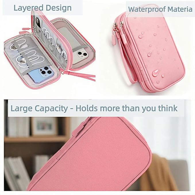Portable Waterproof Double Layers All-in-One Storage Bag, Travel Cord Organizer，Electronics Accessories Organizer Pouch Bag for Accessories,Charger, USB Cable, Gadget (pink)
