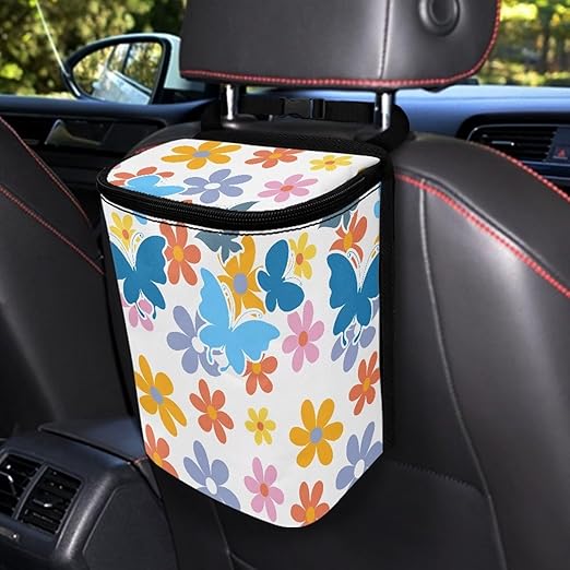 Cute Hippie Flower Car Trash Can Bin Hanging Waterproof Automotive Garbage Cans Large Capacity Waste Basket Automotive Interior Organizer Accessory for Women